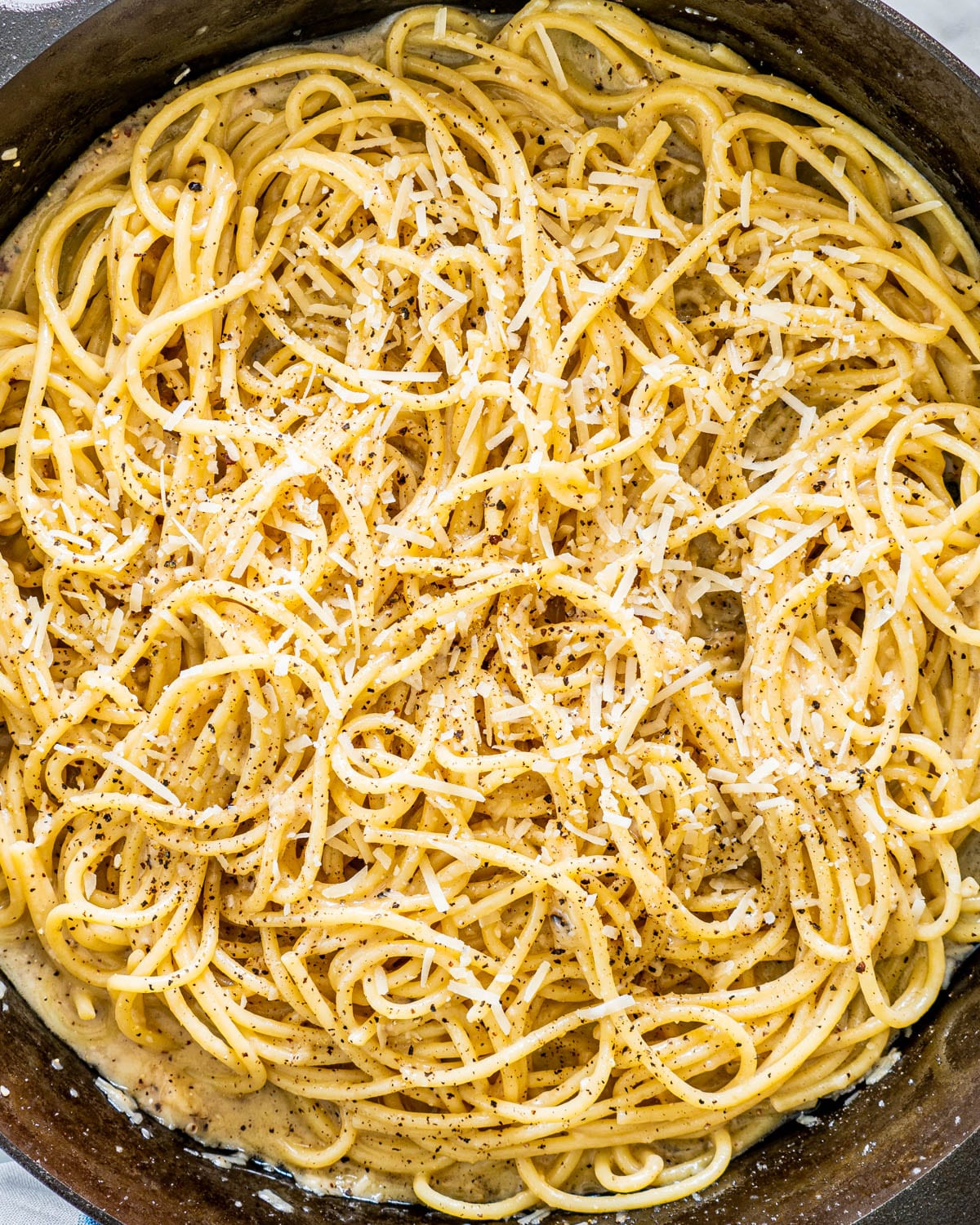 overhead shot of Cacio e Pepe in a skillet