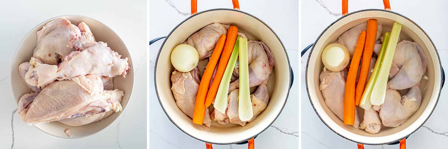 process shots showing how to make chicken noodle soup.