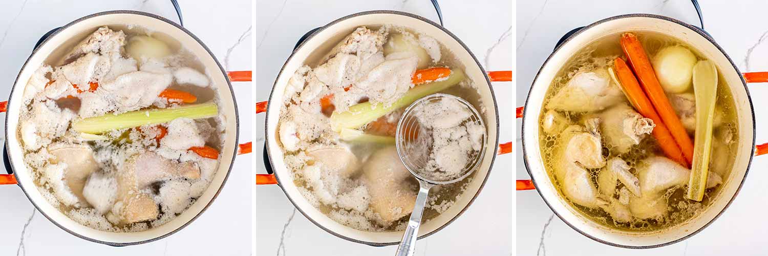 process shots showing how to make chicken noodle soup.