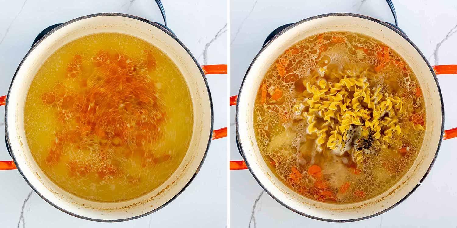 process shots showing how to make chicken noodle soup.