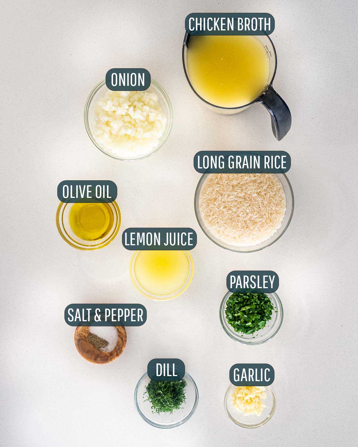 overhead shot of ingredients needed to make greek rice.
