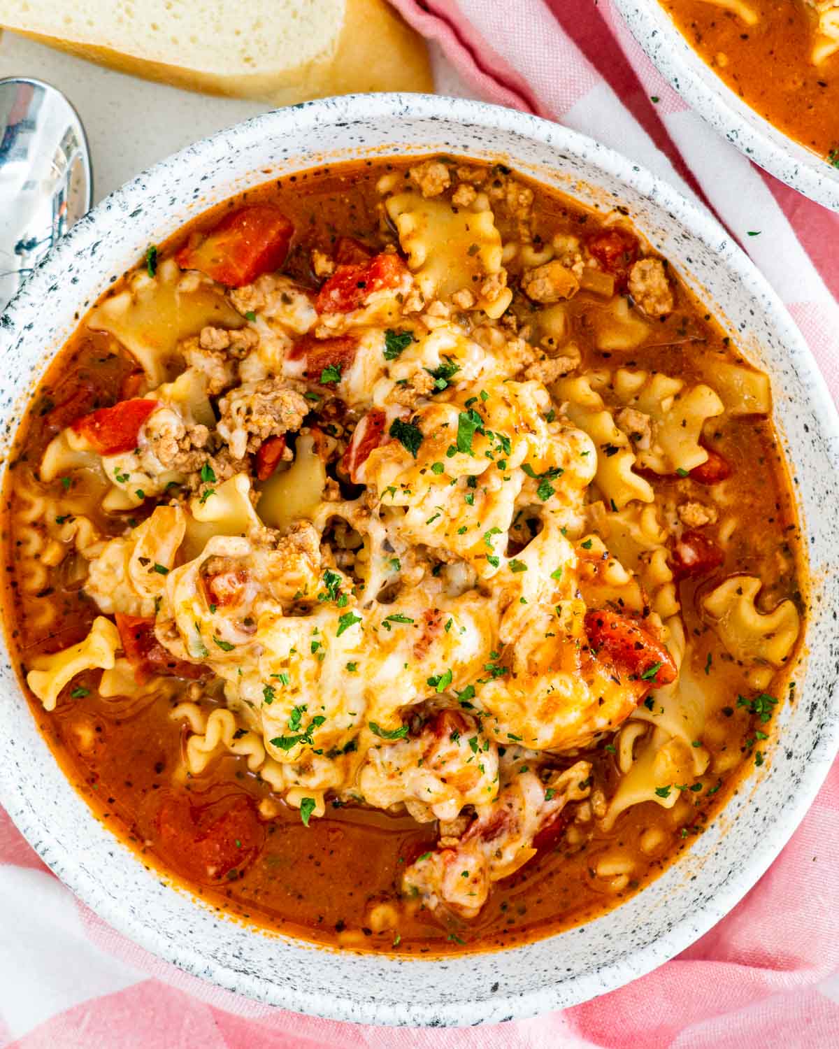 lasagna soup in a white bowl.