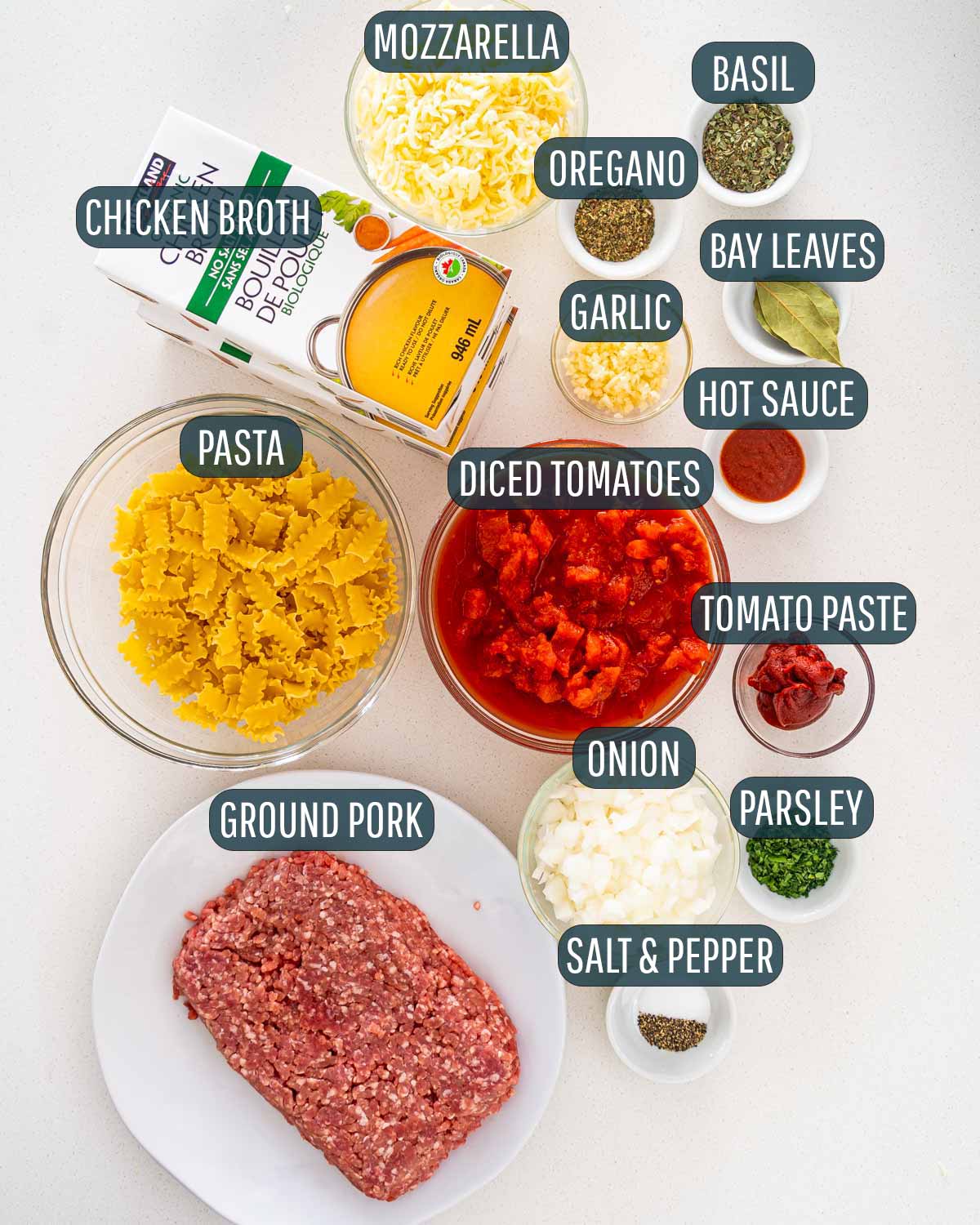 overhead shot of ingredients needed to make lasagna soup.
