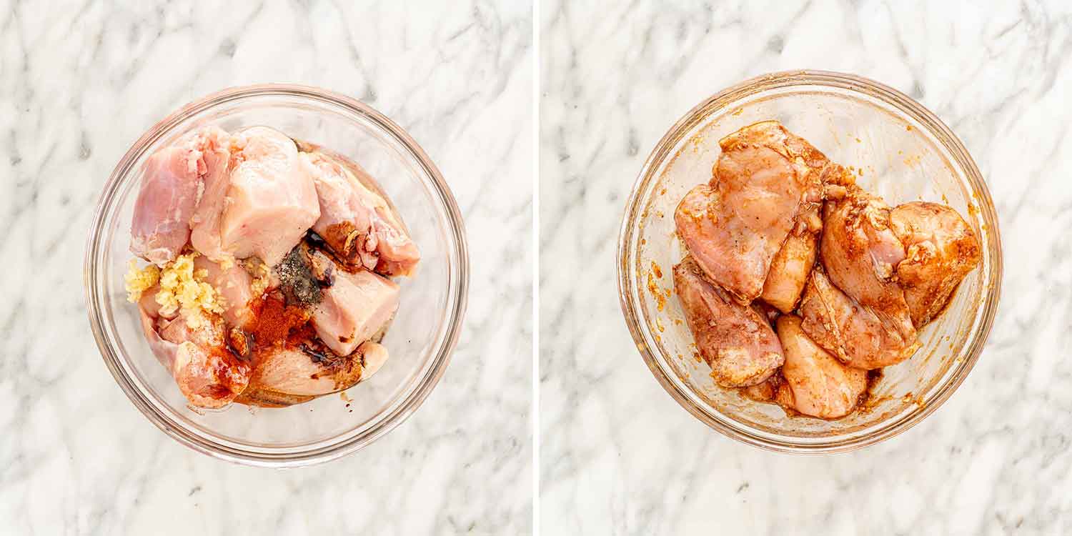 process shots showing how to make roasted chicken and vegetables.