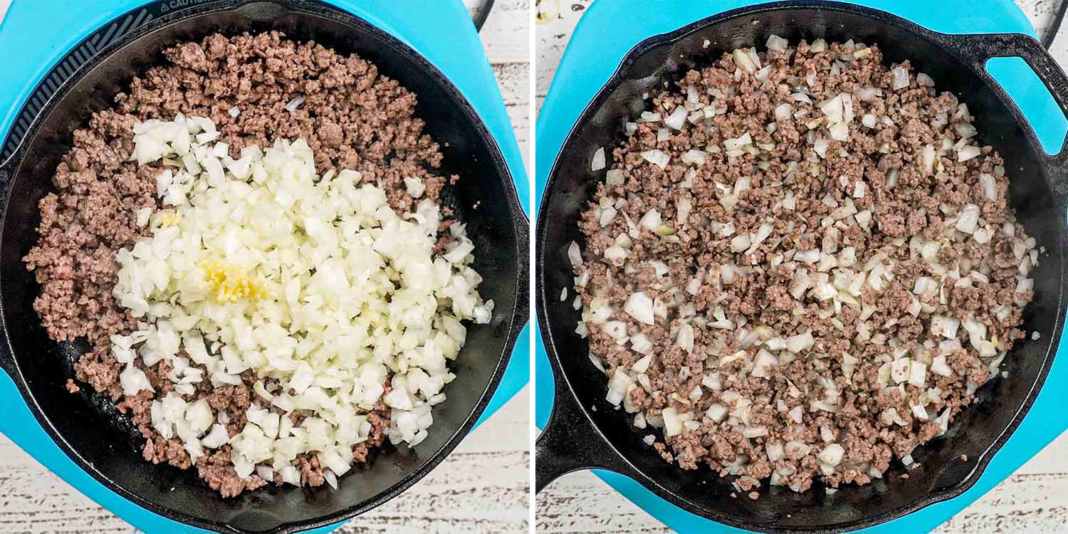 process shots showing how to make skillet shepherd's pie.