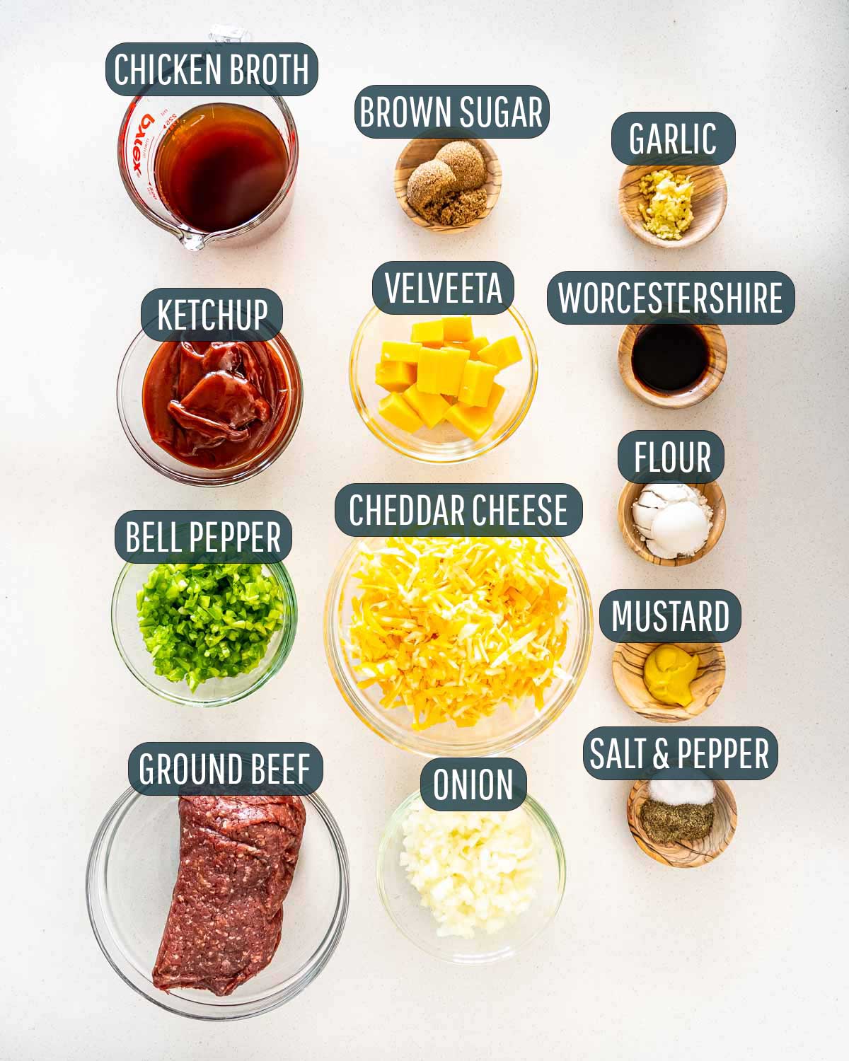overhead shot of ingredients needed to make sloppy joe dip.